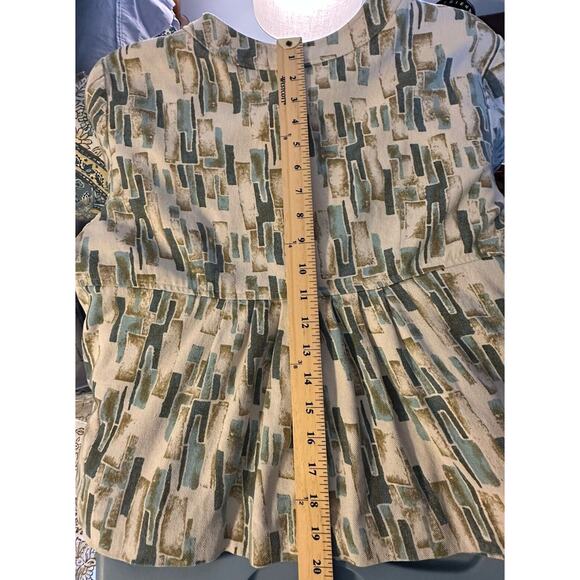 J Jill Jacket Womens Petite L Beige Blue Geo Print Silk Blazer Peplum Hem Boho - Picture 7 of 10